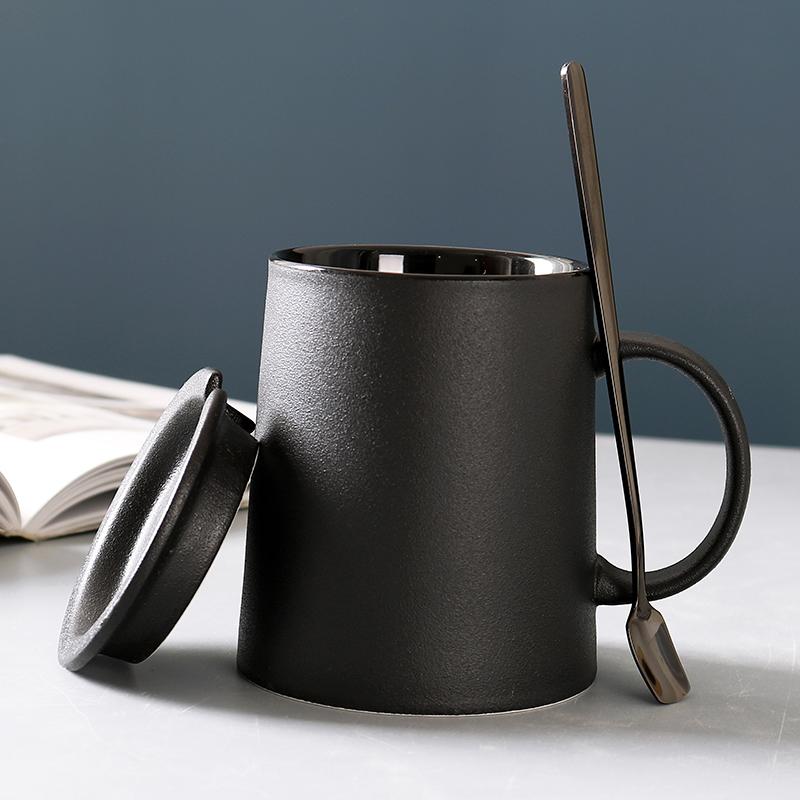 Retro Style Personalized Frosted Ceramic Mug Japanese Home Black Breakfast Cup with Lid and Spoon Office Mugs