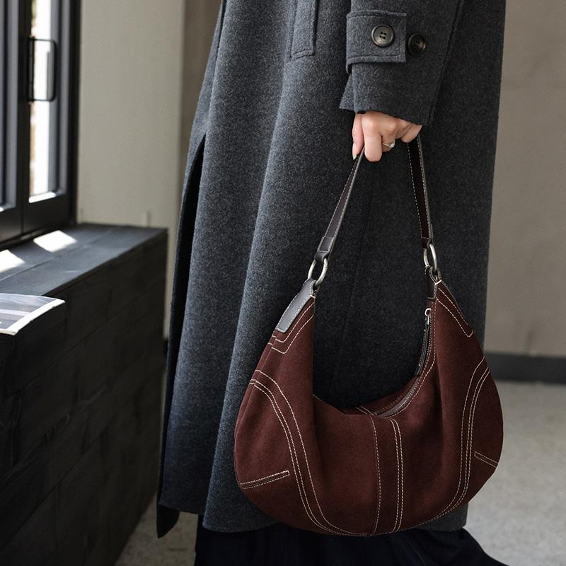 Luxury Women Suede Leather Hobo Shoulder Bag Vintage Half Moon Handbag Cross Body Daily Casual Underarm Purse Genuine Cowhide