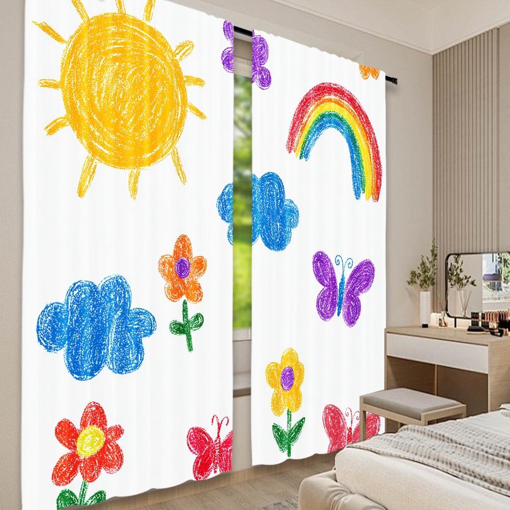 Set Of 2 Flat Printing Curtains Butterfly Rainbow Sky Digital Printed Polyester Drapes Festive Holiday Perfect Curtain