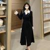 Women's Japanese Style Long Sleeve Polo Dress with Waist-Cinching & Slit A-Line Skirt - Contrasting Colors, Faux Two-Piece, Spring Arrival