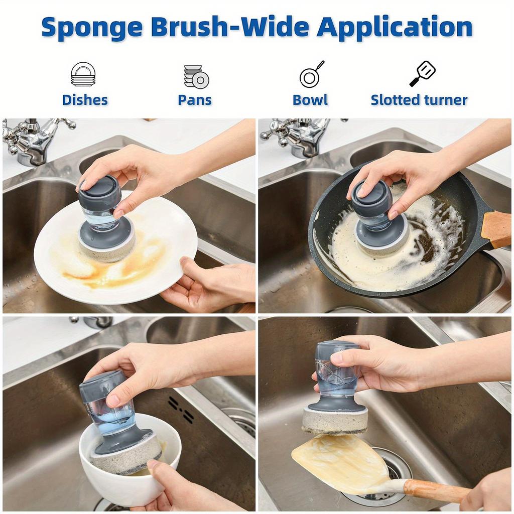 Dish Brush with Soap Dispenser, Kitchen Dish Scrubbers Set with Draining Tray for Washing Dishes/Pots