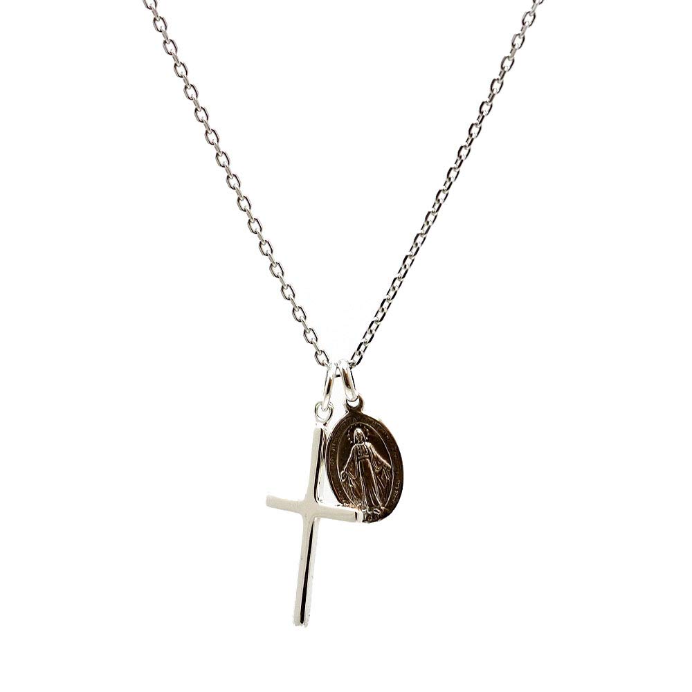 [Silver One] Sterling Silver 925 Miraculous Medal Virgin Mary & Cross Necklace Pendant Set with Chain for Men C1 [Length 50cm]