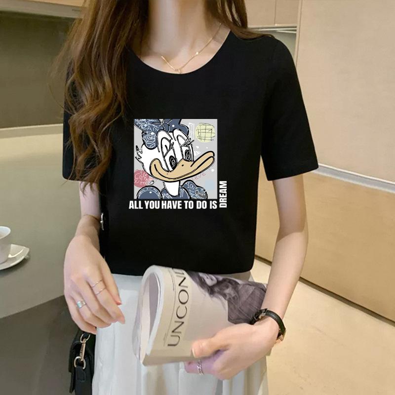 Front Shoulder Pure Cotton Printed T-shirt Women's Top Black Short-sleeved Summer New Loose Base Shirt