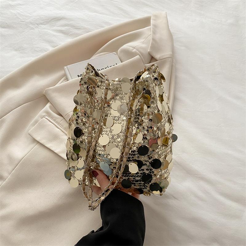 

Niche sequined bag women s spring new fashion bucket bag chain underarm bag messenger bag золотой