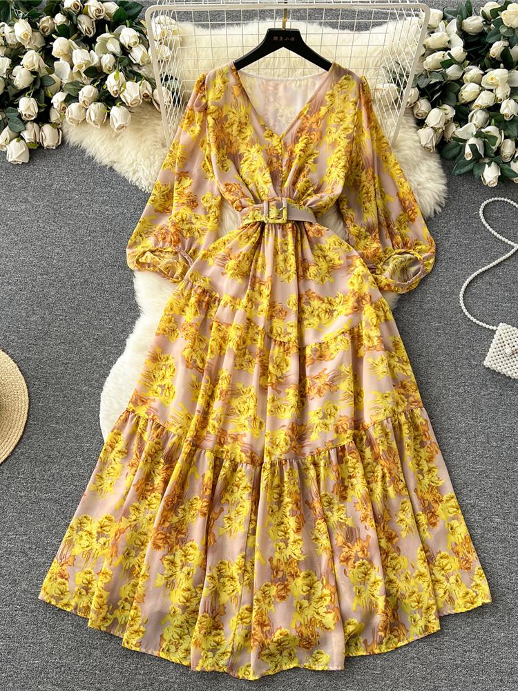 Sonbahar Vintage Kadın Çiçekli Midi Elbise Zarif V Yaka Fener Uzun Kollu Volan Etek A Kesim Kadınlar İçin Yeni Elbiseler