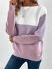 Autumn and winter crew neck splicing versatile striped sweater women's lazy style top loose large size pullover knitted sweater