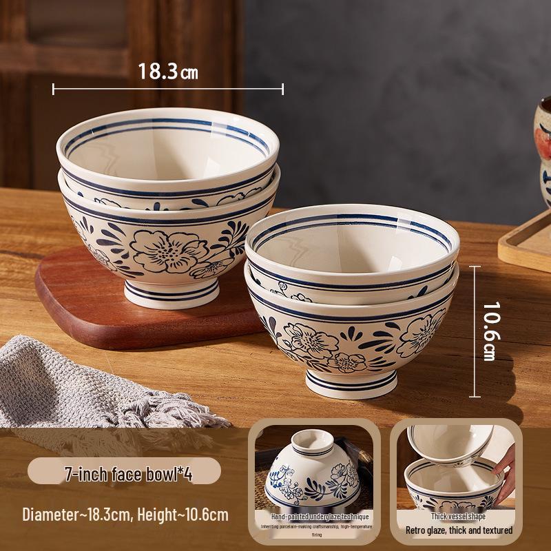 Retro Hand-Painted Blue & White Large Noodle Bowl - High-Footed Porcelain for Creative Dining