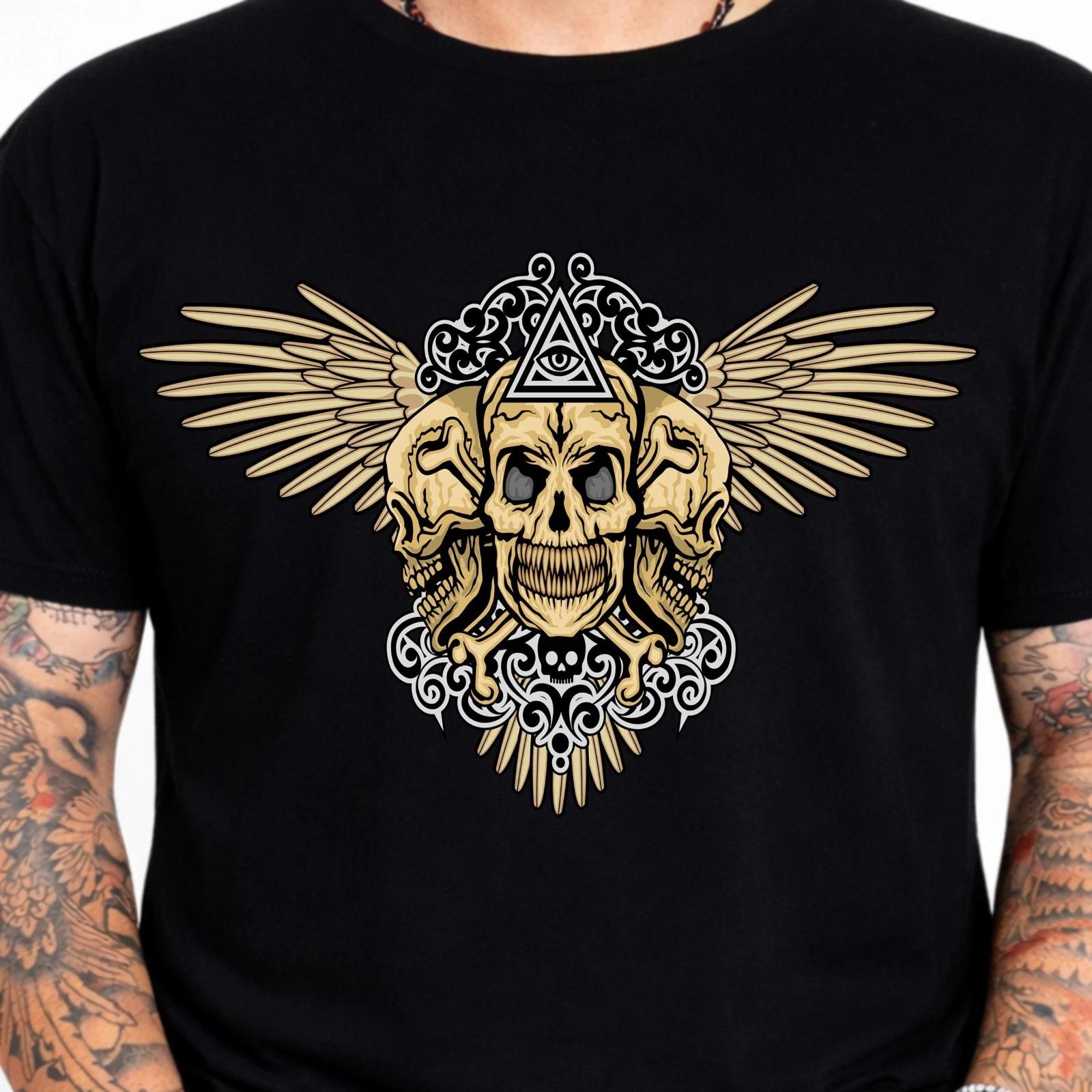Gothic Skull Wings Occult Eye Triangle Graphic T-Shirt Tattoo Art Tee Biker M