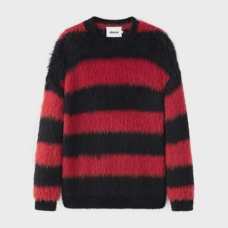 Red and Black Striped Seahorse Wool Men's Knitted Sweater - Winter Mink-Like Couple's Jacket