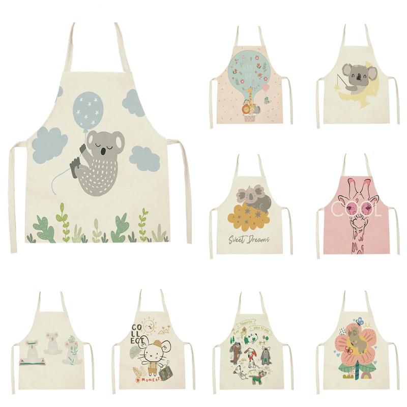 Cute Koala Giraffe Print Kitchen Apron for Women Kids Linen Bib Home Cleaning Apron Household Cooking Baking Accessories