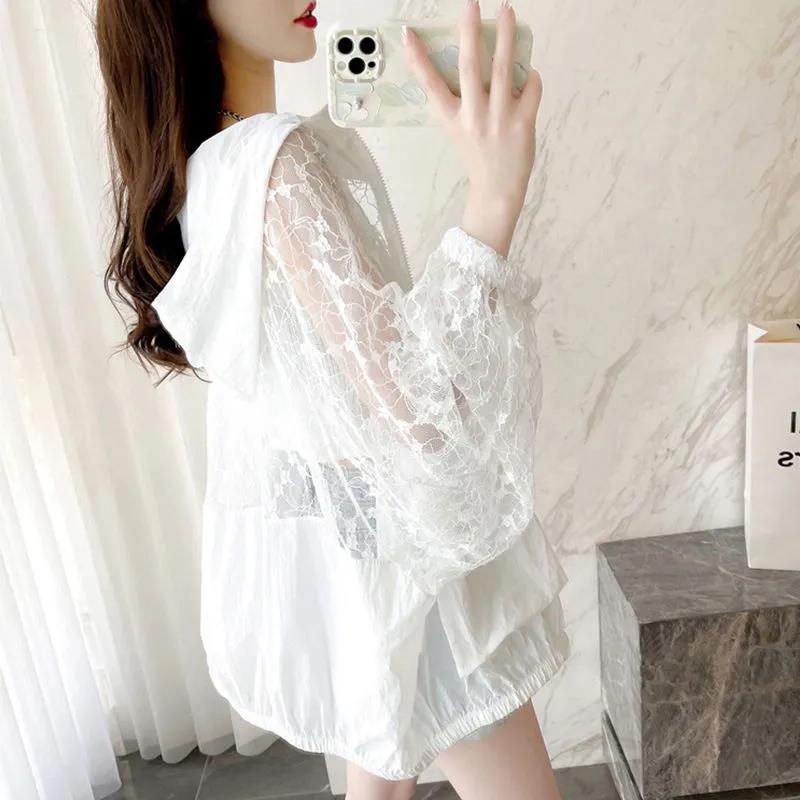Summer Thin Lace Hollow Sun Protection Jacket Design Sensibility Zipper Loose Fit Long Sleeve Women's Clothing
