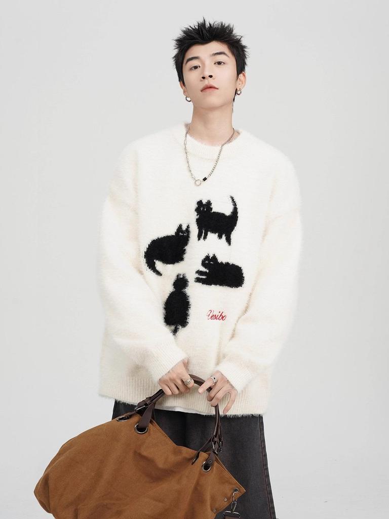 Men's Cartoon Cat Mohair Winter Sweater: American Style Loose Casual Round Neck Knitwear Cardigan