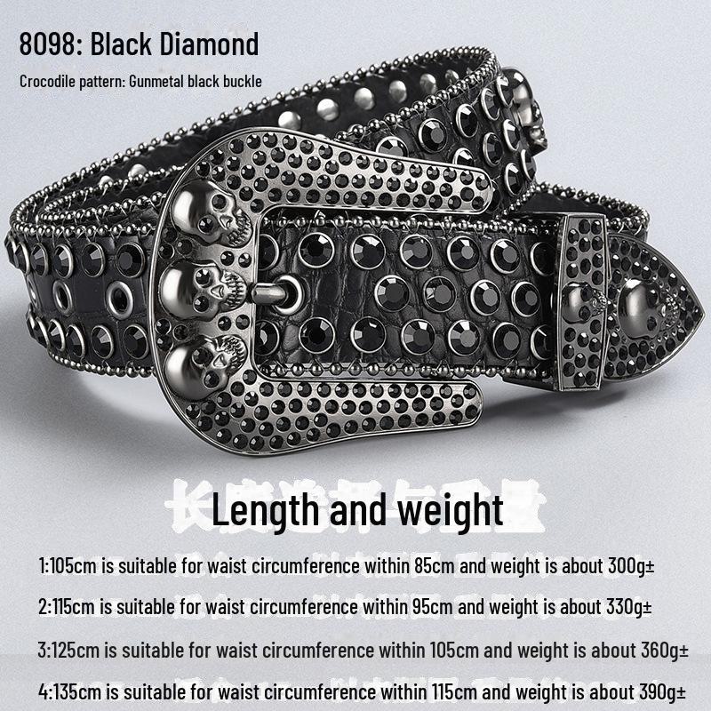 

Высококачественный ремень с пряжкой в виде темного черепа, стразами и бриллиантовыми пайетками 135cm