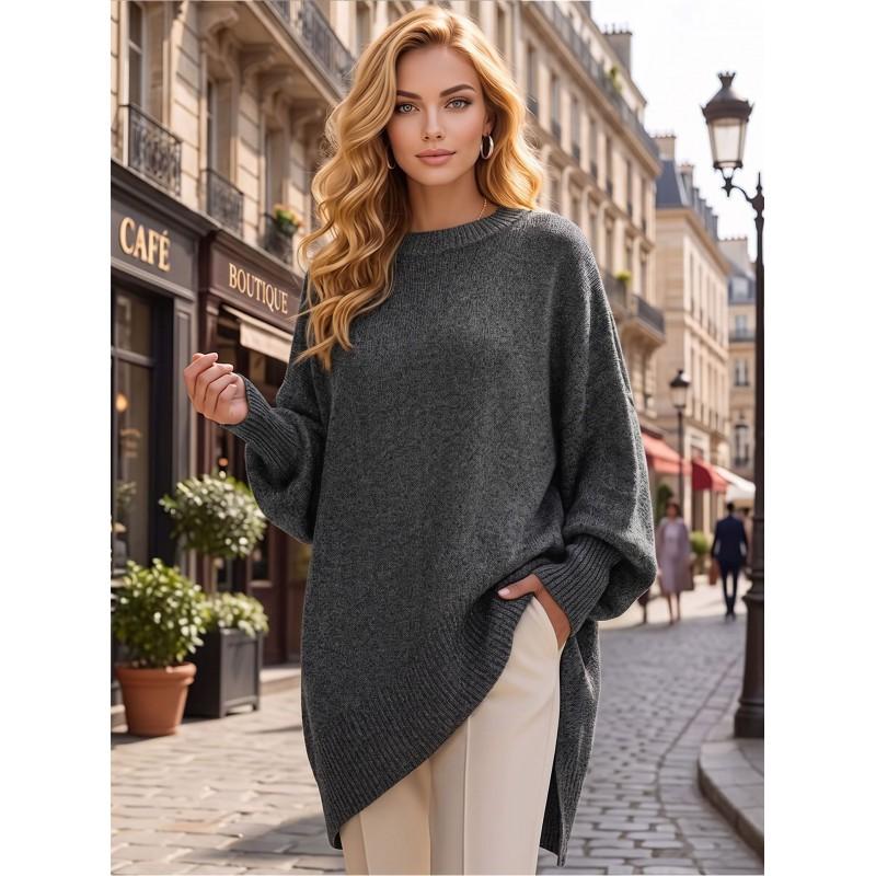 Womens Loose Fit Pullover Sweater Solid Color Long Sleeve Round Neck Knit Top Fall 2025