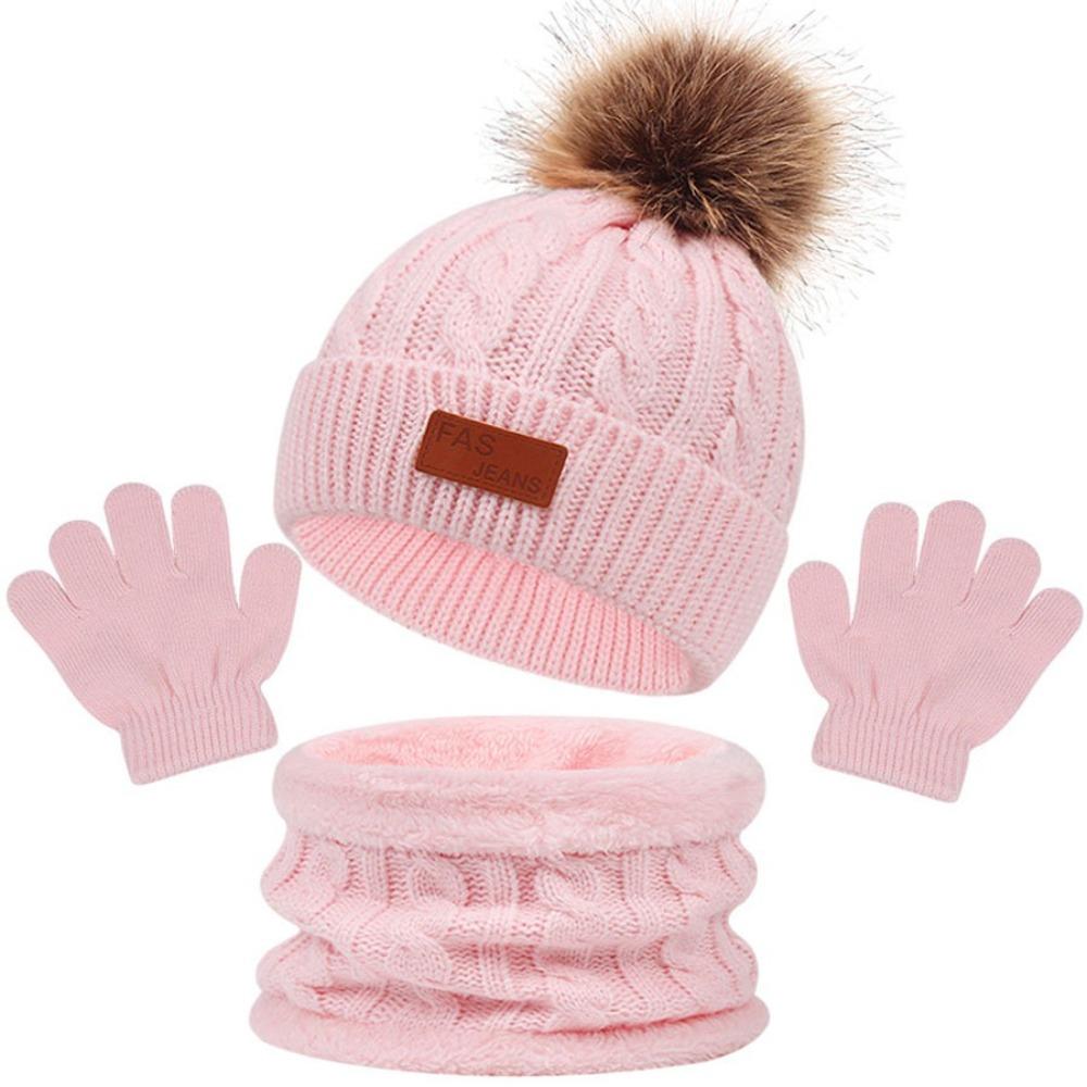 3Pcs Pompom Baby Hat Scarf Gloves Set Solid Color Bonnet Gloves Kits New Knitted Hats Scarfs