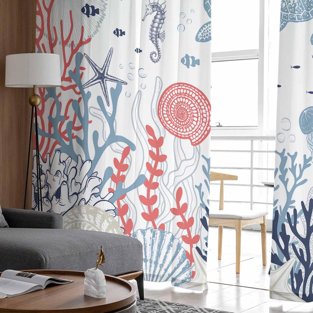 Marine Coral In Summer Turtle Sheer Curtains for Living Room Modern Home Decor Tulle Curtain Bedroom Voile Drapes