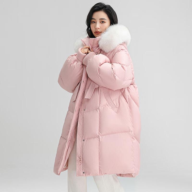 

Жіноча зимова куртка середньої довжини з пуху з капюшоном зі штучного хутра S