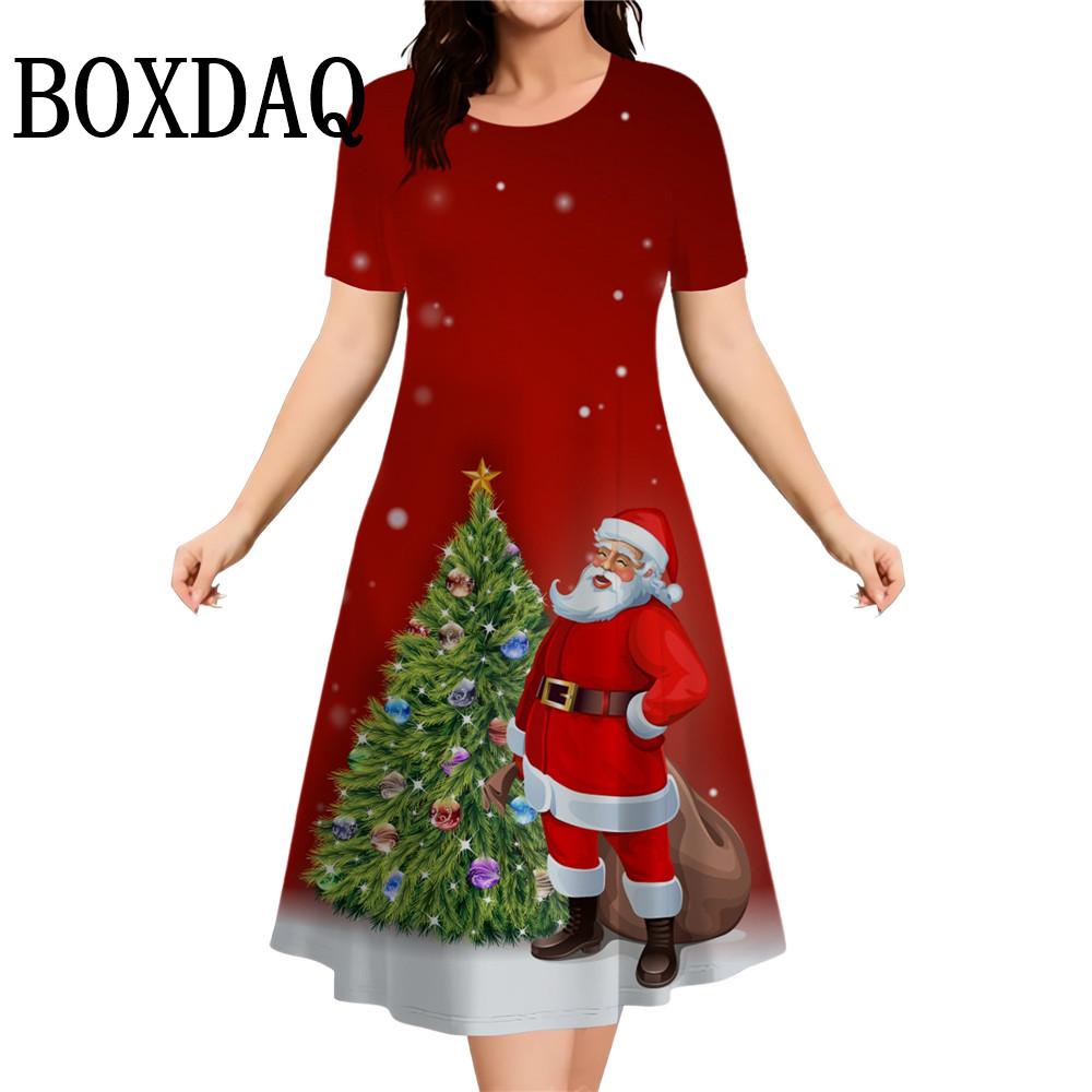 Christmas Tree Print Women Dresses 2026 New Fashion Cute Santa Claus Casual Short Sleeve O-Neck Loose A-Line Party Dress Vestido