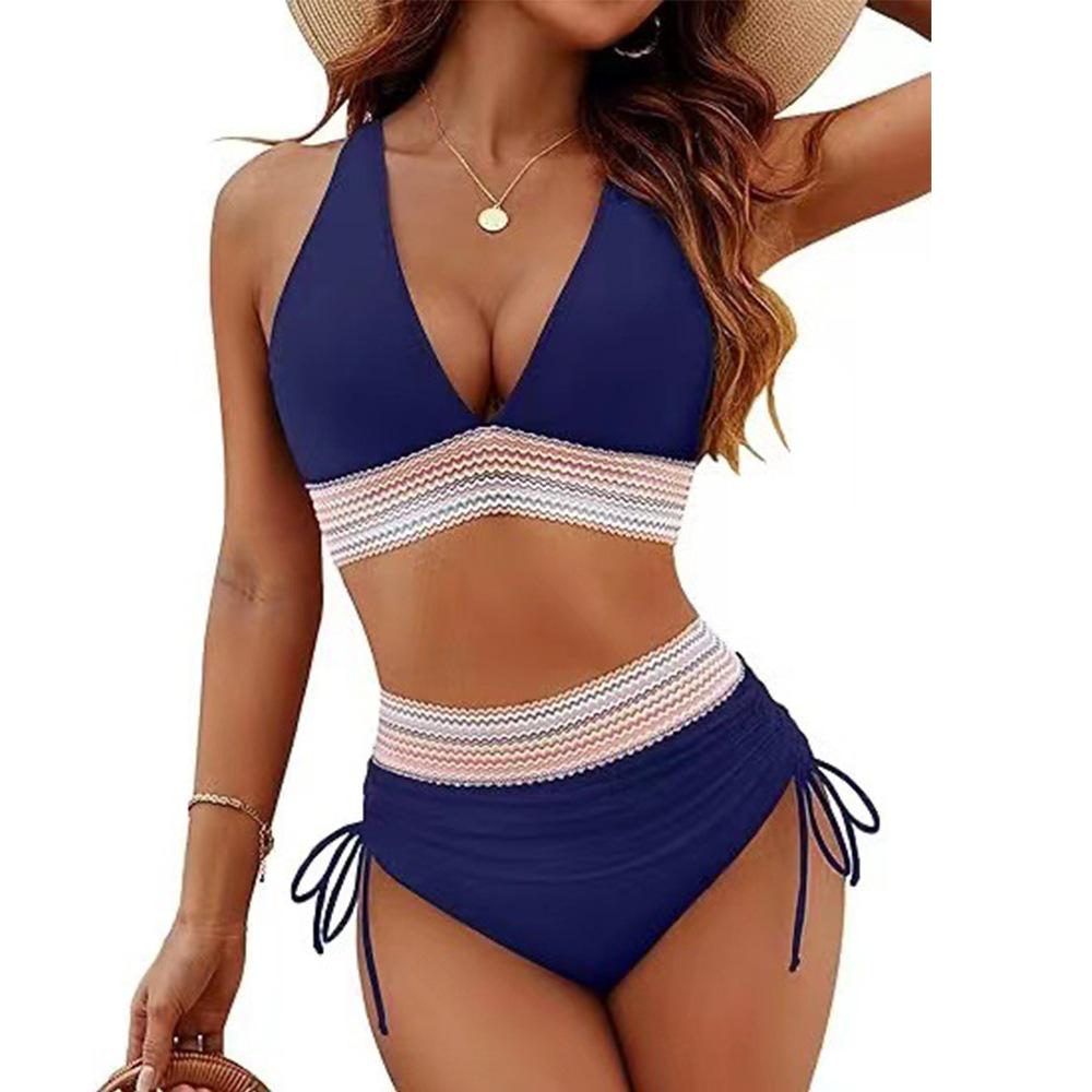 Ensemble Bikini Cordon de Serrage Couleur Unie Mode Taille Haute Séparé Patchwork Maillot de Bain Cordon de Serrage Maillot de Bain Femme Femmes