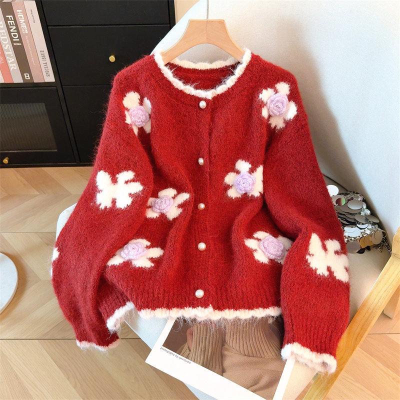 Heavy industry flower embroidered jacquard sweater cardigan women's autumn and winter temperament sweet soft waxy knitted coat