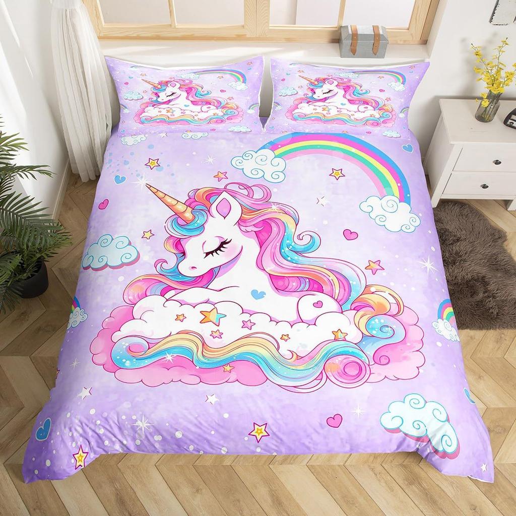 Dreamy Unicorn Duvet Cover Set Queen Size3 Pcs Rainbow Starry Sky Bedding Sets Pink Blue Unicorn Comforter Cover Set For Kids