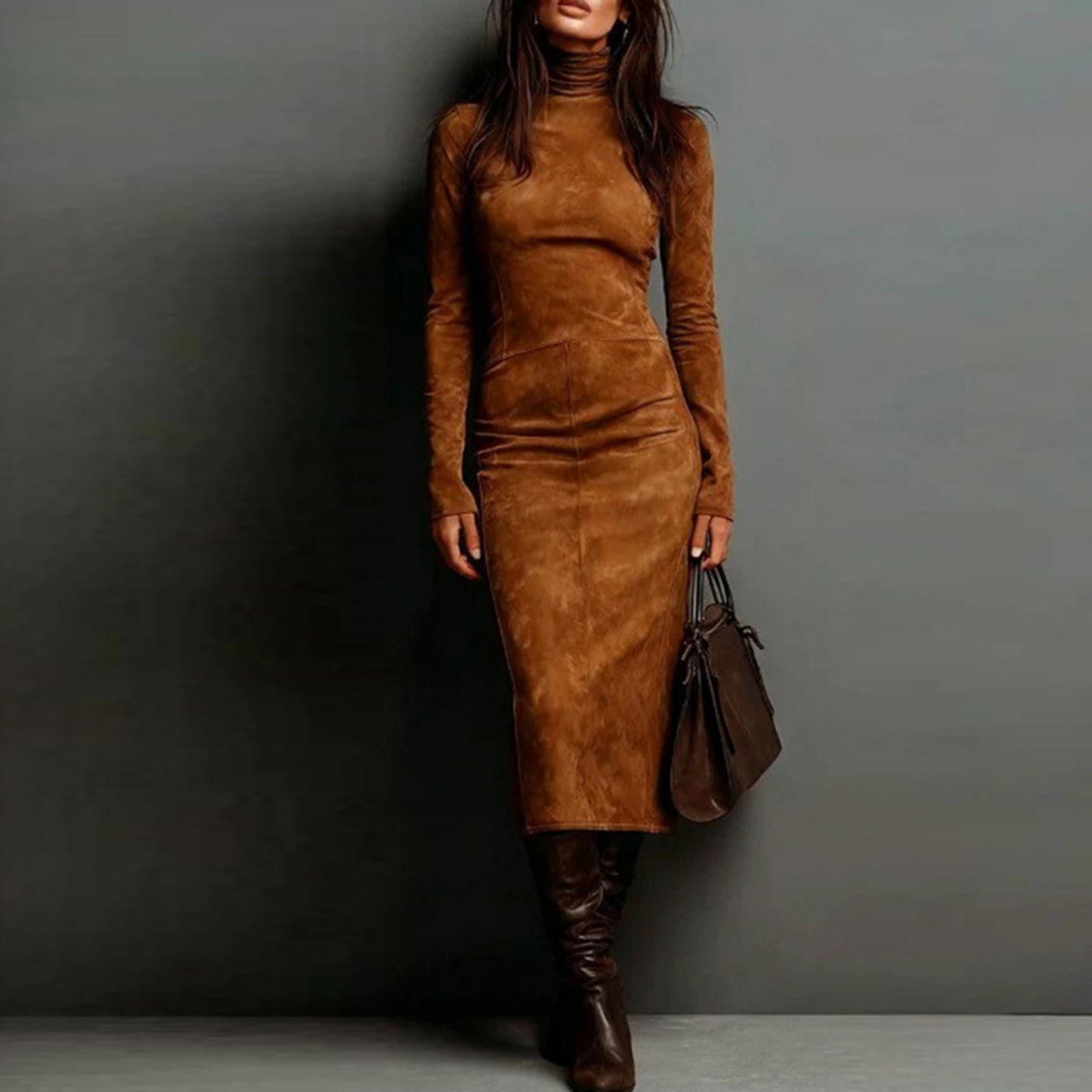 

Женское плиссированное бархатное супердлинное платье с длинным рукавом и высоким воротом, облегающее длинное платье, модное однотонное платье XL коричневый