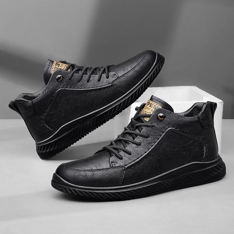 Height increase 5CM men's shoes breathable rubber non-slip sole shoes men's trend versatile mid-top cowhide shoes casual