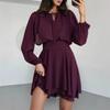 Damen Bindekragen Langarm Chiffon Minikleid Hohe Taille Rüschensaum Kleid