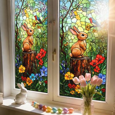 Yousheng Easter Window Clings Stained Glass Bunny UV Resistant Window Privacy Film Removable Static Decals for Living Room Bedroom Bathroom