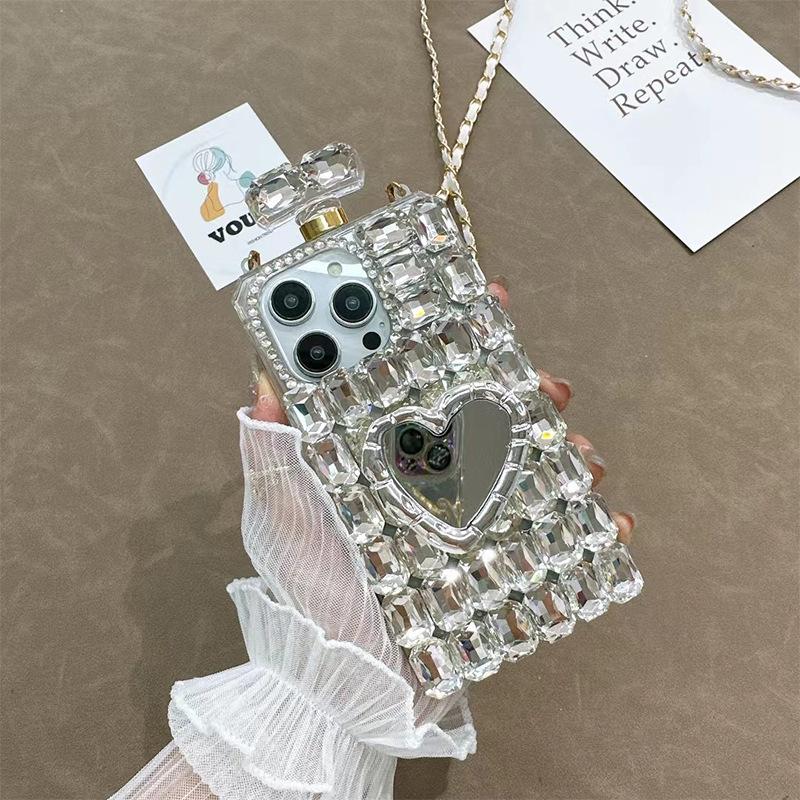 

Rhinestone Love Mirror Phone Case For Iphone17 Perfume Bottle Apple 14 Crossbody Rope 16 Full Diamond Luxury 13 iPhone 7/8/SE 2020