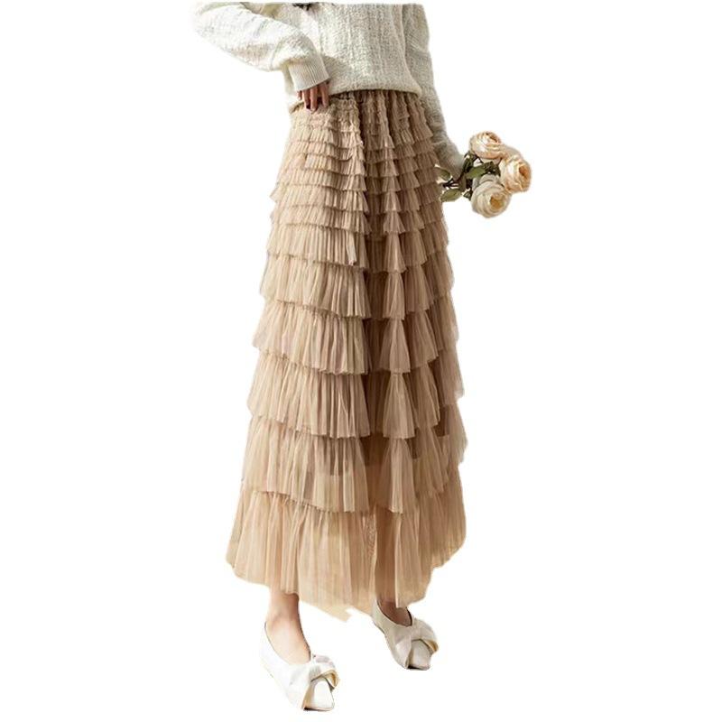 Pink skirt women's summer big pendulum mesh umbrella skirt vertical feeling medium and long A word women's vertical feeling long skirt high sense