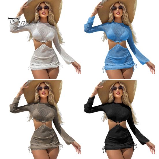 3Pcs/Set Women Bikini Set Halter Bra Lace-up Swimming Trunks Set with See-through Mesh Yarn Cover Up Dress