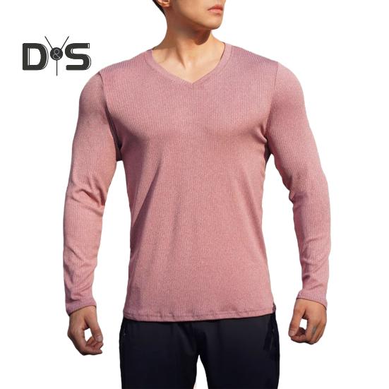 

Мужская футболка с длинным рукавом и V-образным вырезом, облегающая футболка для тренировок, спортивная футболка, повседневный базовый слой, топ для спортзала, фитнеса, повседневная одежда S розовый