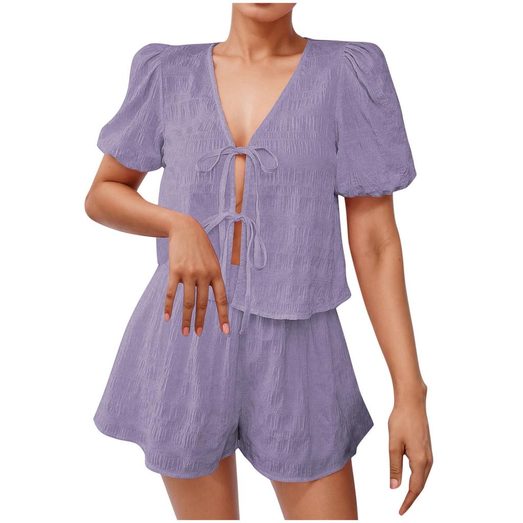 Women's Loose Casual Solid Color Short Sleeve Top Loose Shorts Set
