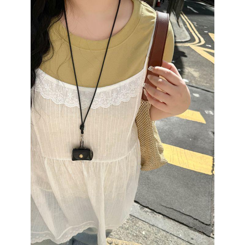 Plus size women clothing [Hong Kong Style Lace Suspender Skirt] Lightweight Slightly Transparent Summer Chubby Girl Sweet Lace Stacked Dress