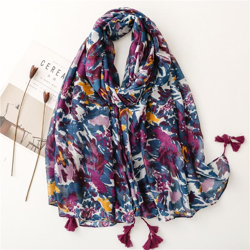 Spain Lovely Polka Floral Line Tassel Viscose Shawl Scarf Lady High Quality Wrap Thin Pashmina Stole Muslim Hijab 180*90Cm