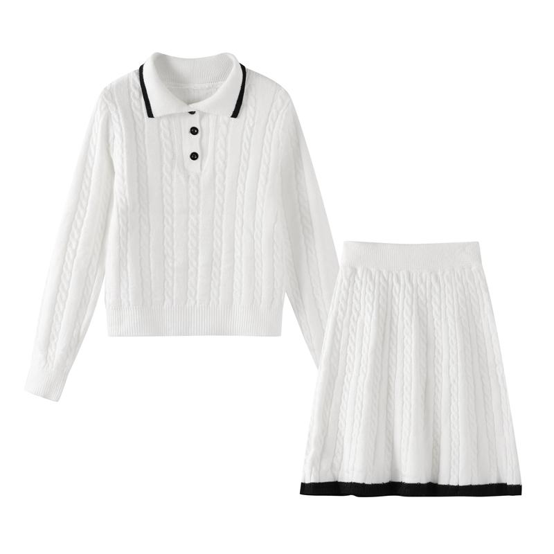 Einfarbiger Strickpullover-Rock-Set für Damen, Umlegekragen, Pullover, langärmelig, schmaler Pullover mit kurzen Röcken, elegante Damenanzüge