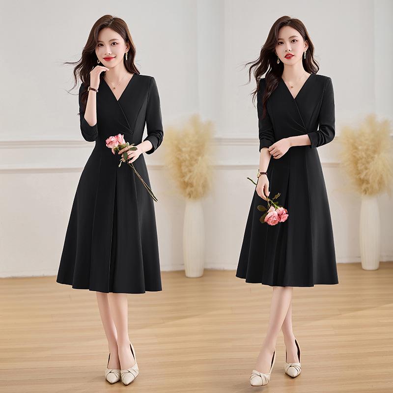 Elegant V-neck Solid Color Midi Dress with Long Sleeves - Spring 2025