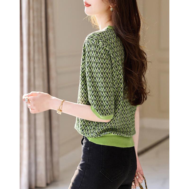 Demana Damen Dopamin-Stil Diamantmuster Kurzarm Top