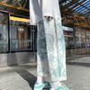 Men Casual Pants Elastic Waist Mid Rise Loose Straight Wide Leg Streetwear Pockets Cartoon Print Male Long Trousers Bottoms for Outdoor