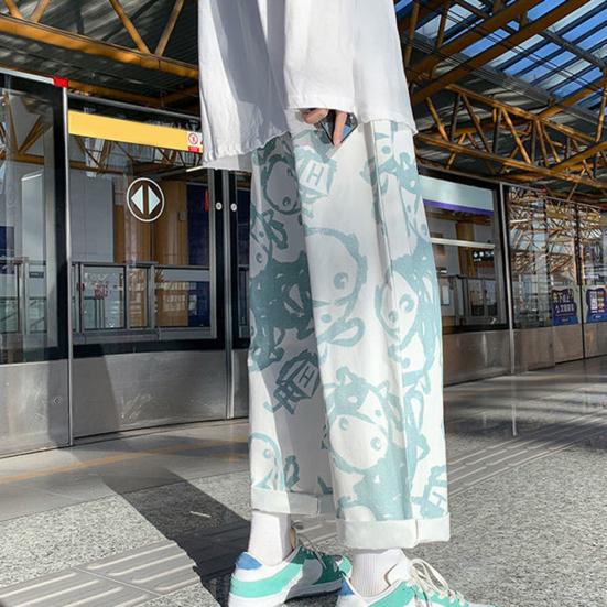 Men Casual Pants Elastic Waist Mid Rise Loose Straight Wide Leg Streetwear Pockets Cartoon Print Male Long Trousers Bottoms for Outdoor