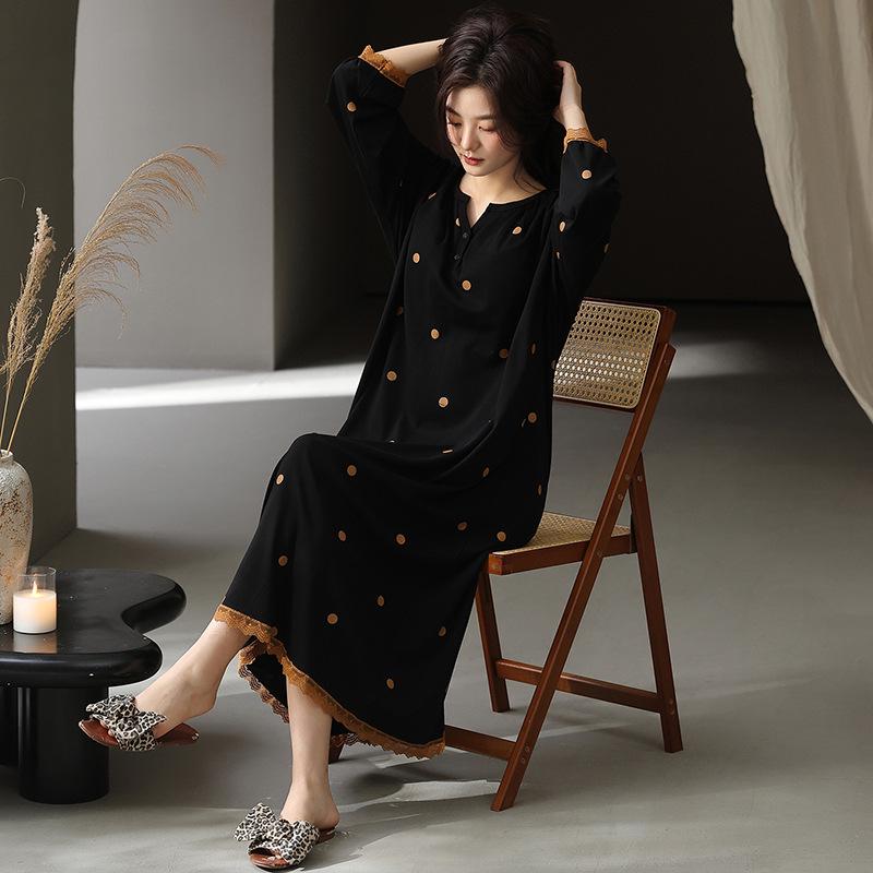 Caini Damska bawełniana koszula nocna z długim rękawem i wkładką na biust - Bardzo długa, luźny krój na wiosnę i jesień