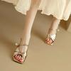 A Line with Open Toe Thick Heel Sandals Summer New Square Head Cross with Pearl Ancient Fish Mouth Heel Shoes