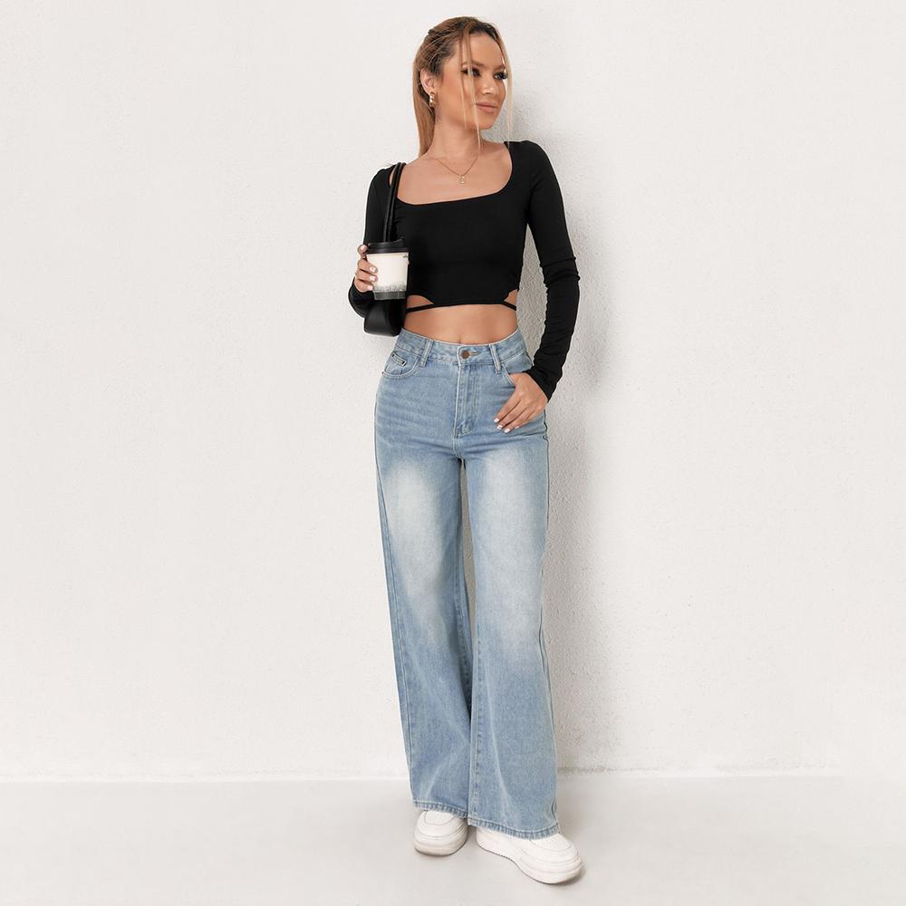 PUFFANPOP Women's Wide Leg Jeans Retro Wash High Waisted Denim Pants Loose Straight Jeans Y2K