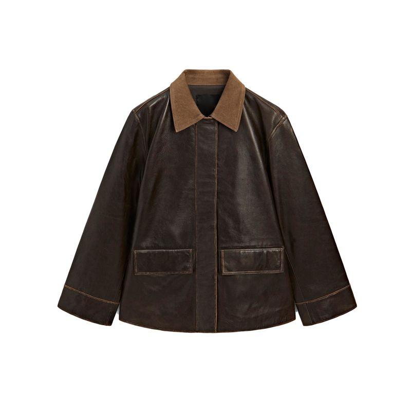 

MD Осень Новая Женская одежда Стиль Барне Ретро Вельветовый Воротник Пу Искусственная Кожа Парка Верхняя одежда 4740590 Brown L