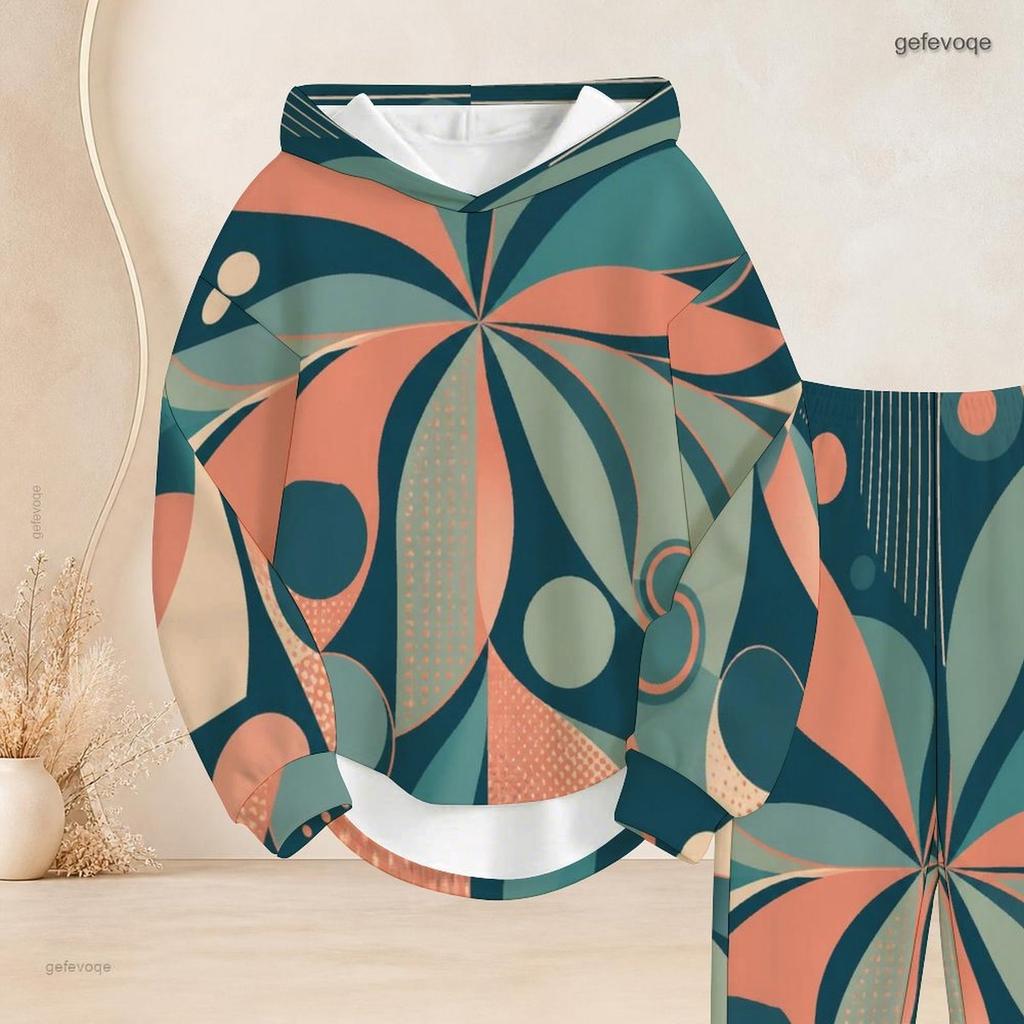 Women Plus Size Two Piece Set Abstract Leaf Printed Hooded Long Sleeve Top Cuffed Pants