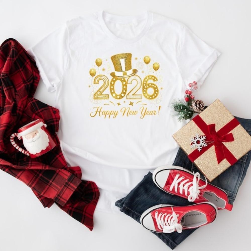 2026 New Year T-Shirt Fashion Men and Women's Happy New Year 2026 Print T-shirt Casual Crew Neck Short Sleeve Tees Top
