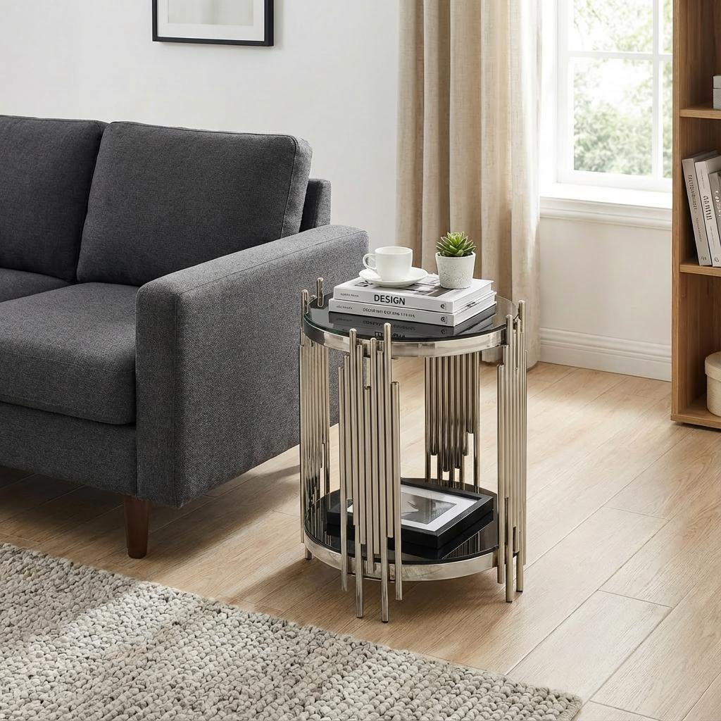 45cm Moderner Runder Glastisch für Wohnzimmer Schwarzer Beistelltisch mit Silbernem Edelstahlrahmen und 6mm Gehärtetem Glas Einfach zu Montieren und zu Reinigen