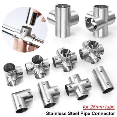 1Pcs Tee Straight Elbow Pipe Connector Stainless Steel Clothesline Shelf Joints Furniture Hardware