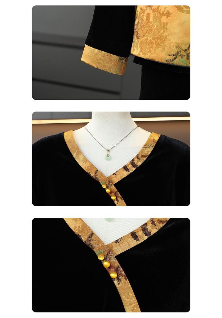Spring & Autumn 2026 Chinese-Style Golden Velvet Suit for Mothers: Elegant Three-Piece Set